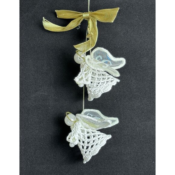 Avon Other - Avon Crocheted Lace Ornament Angels 13 inches White Gold Bow in Box F32908-1